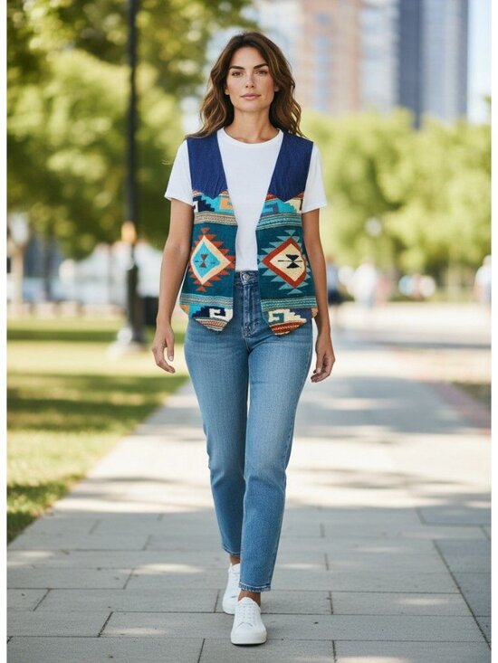 McLarty/Zapotec Tops - Vintage McLarty Zapotec Wool Navajo-Style Vest W/ Denim Back Adjustable Strap M